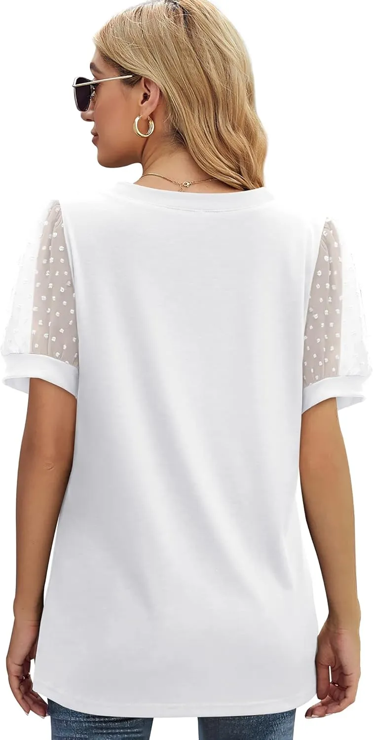 Aokosor Womens Summer Tops V Neck T Shirts Swiss Dot Puff Sleeve Tops Loose Casual Tshirts