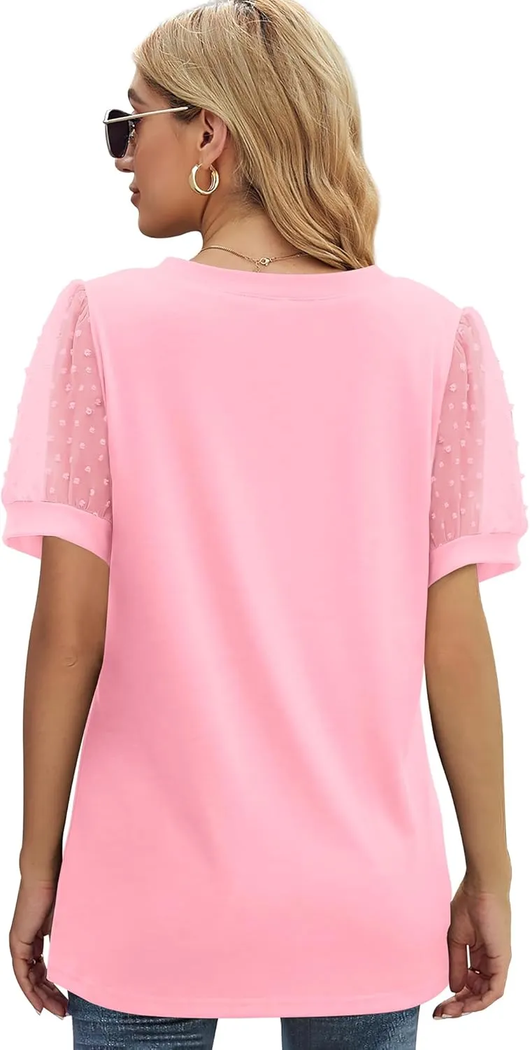 Aokosor Womens Summer Tops V Neck T Shirts Swiss Dot Puff Sleeve Tops Loose Casual Tshirts