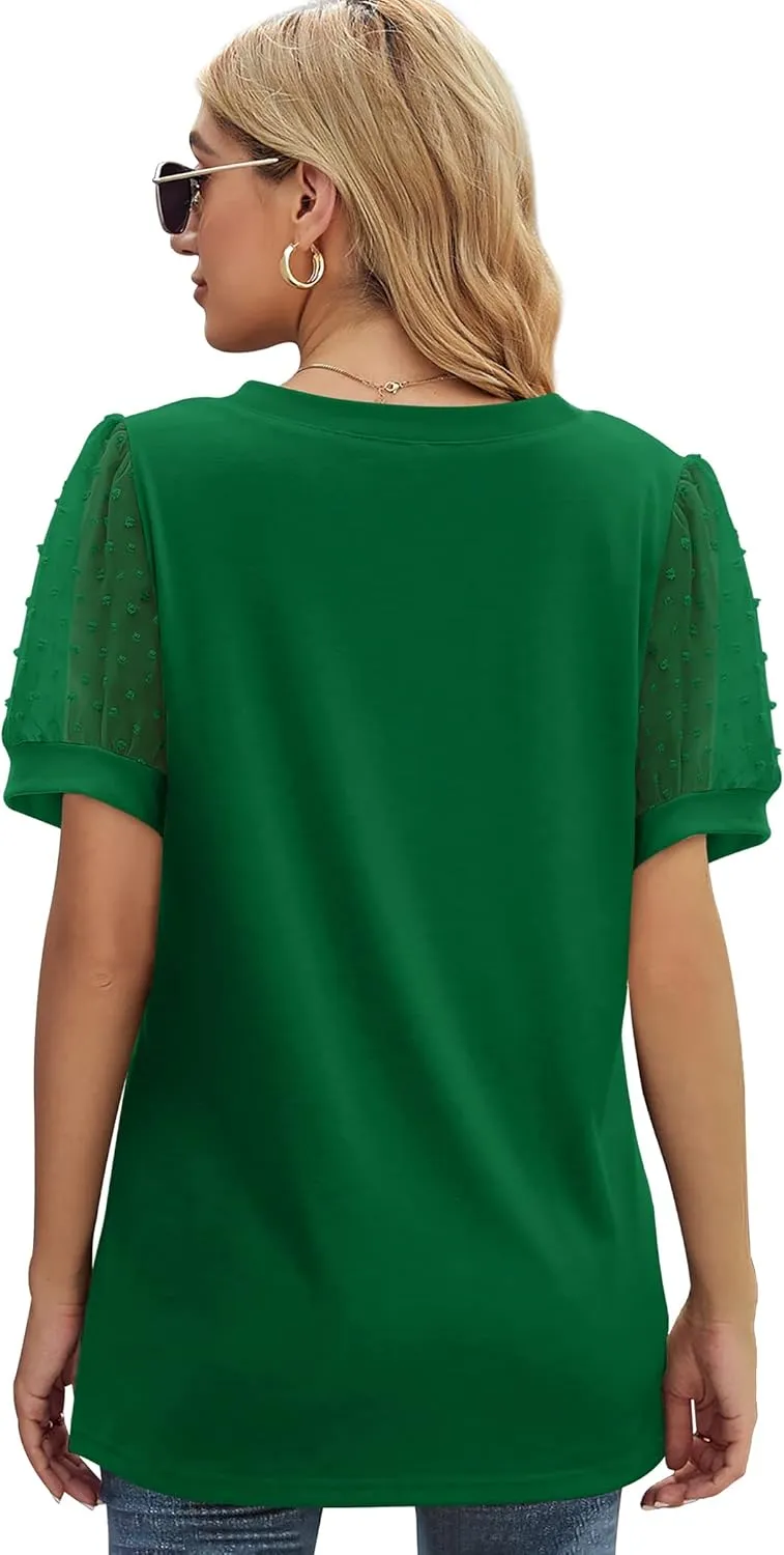 Aokosor Womens Summer Tops V Neck T Shirts Swiss Dot Puff Sleeve Tops Loose Casual Tshirts