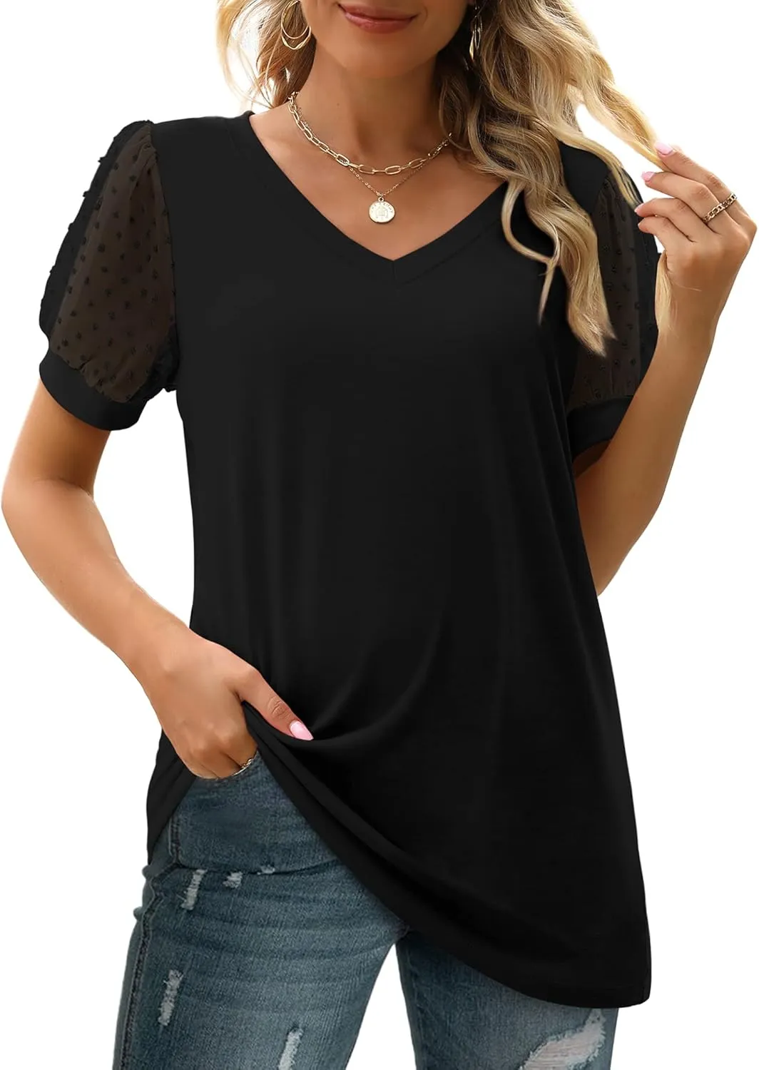 Aokosor Womens Summer Tops V Neck T Shirts Swiss Dot Puff Sleeve Tops Loose Casual Tshirts