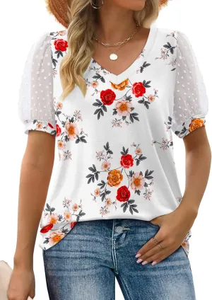 Aokosor Womens Summer Tops V Neck T Shirts Swiss Dot Puff Sleeve Tops Loose Casual Tshirts