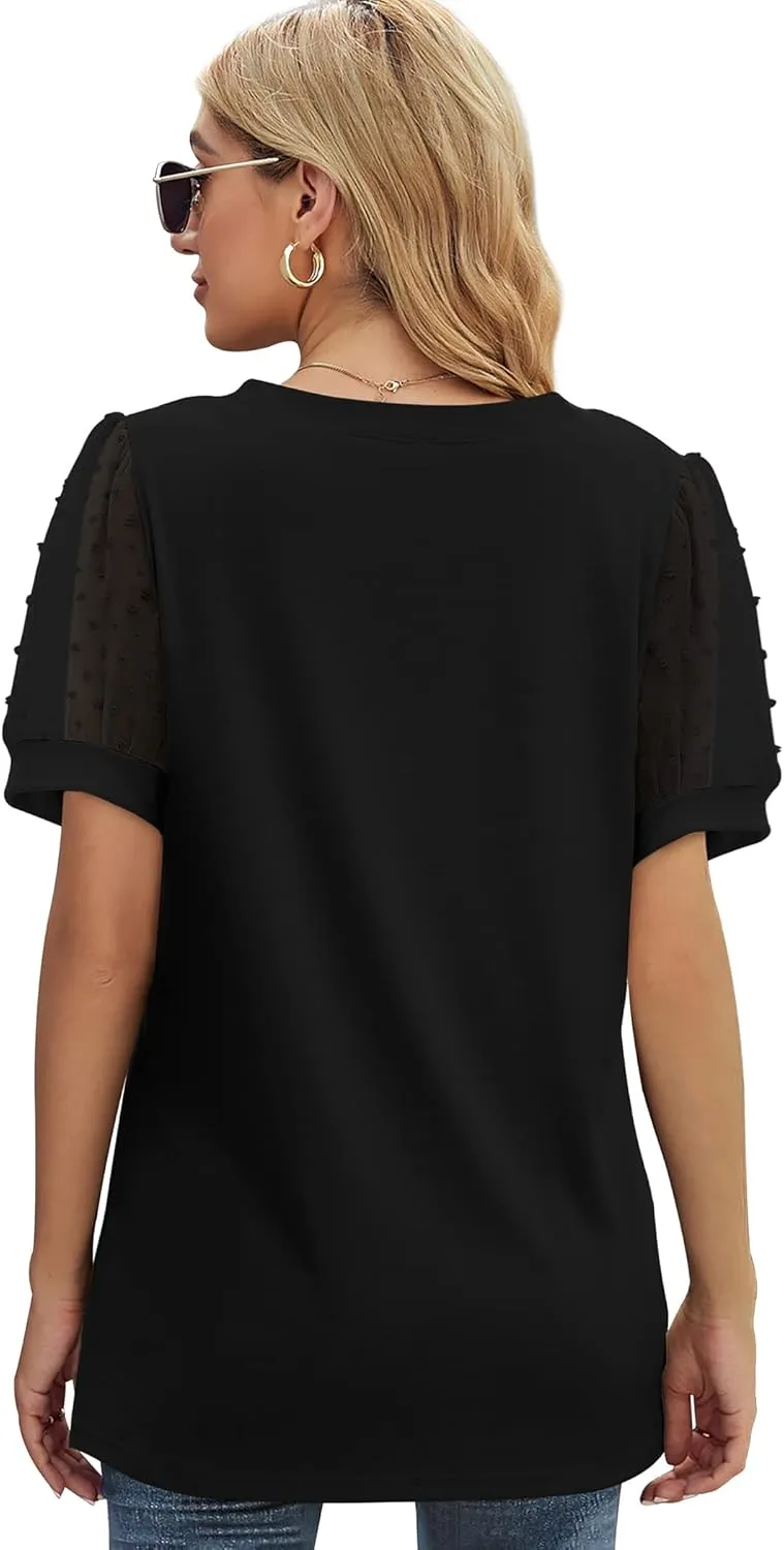 Aokosor Womens Summer Tops V Neck T Shirts Swiss Dot Puff Sleeve Tops Loose Casual Tshirts