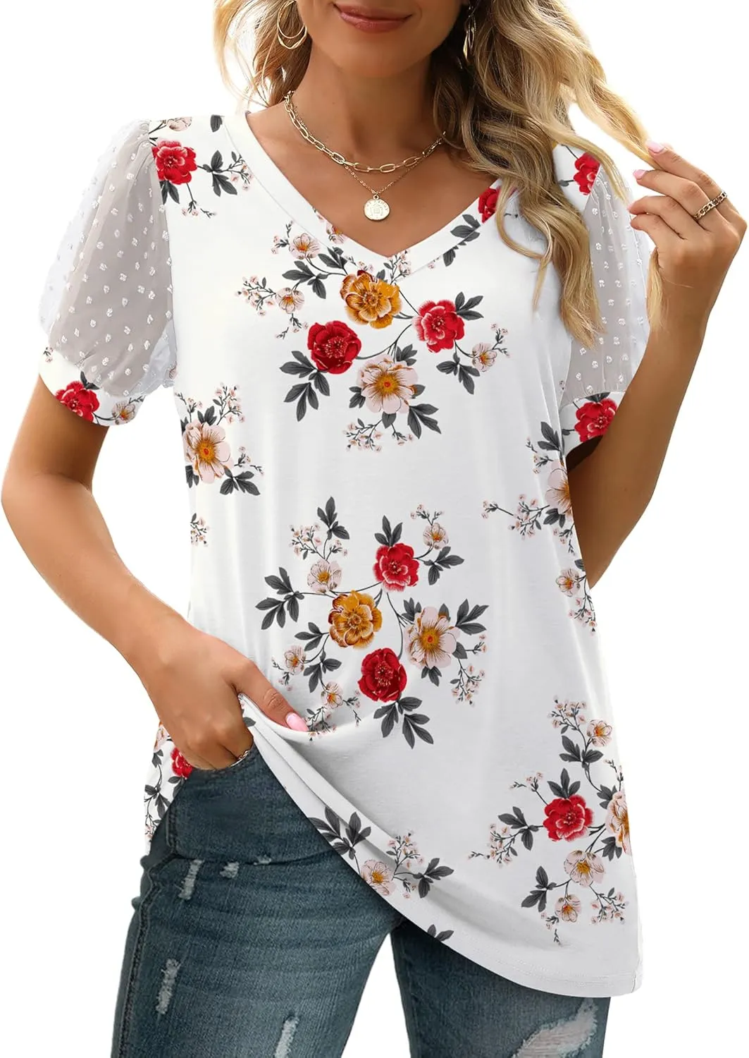 Aokosor Womens Summer Tops V Neck T Shirts Swiss Dot Puff Sleeve Tops Loose Casual Tshirts