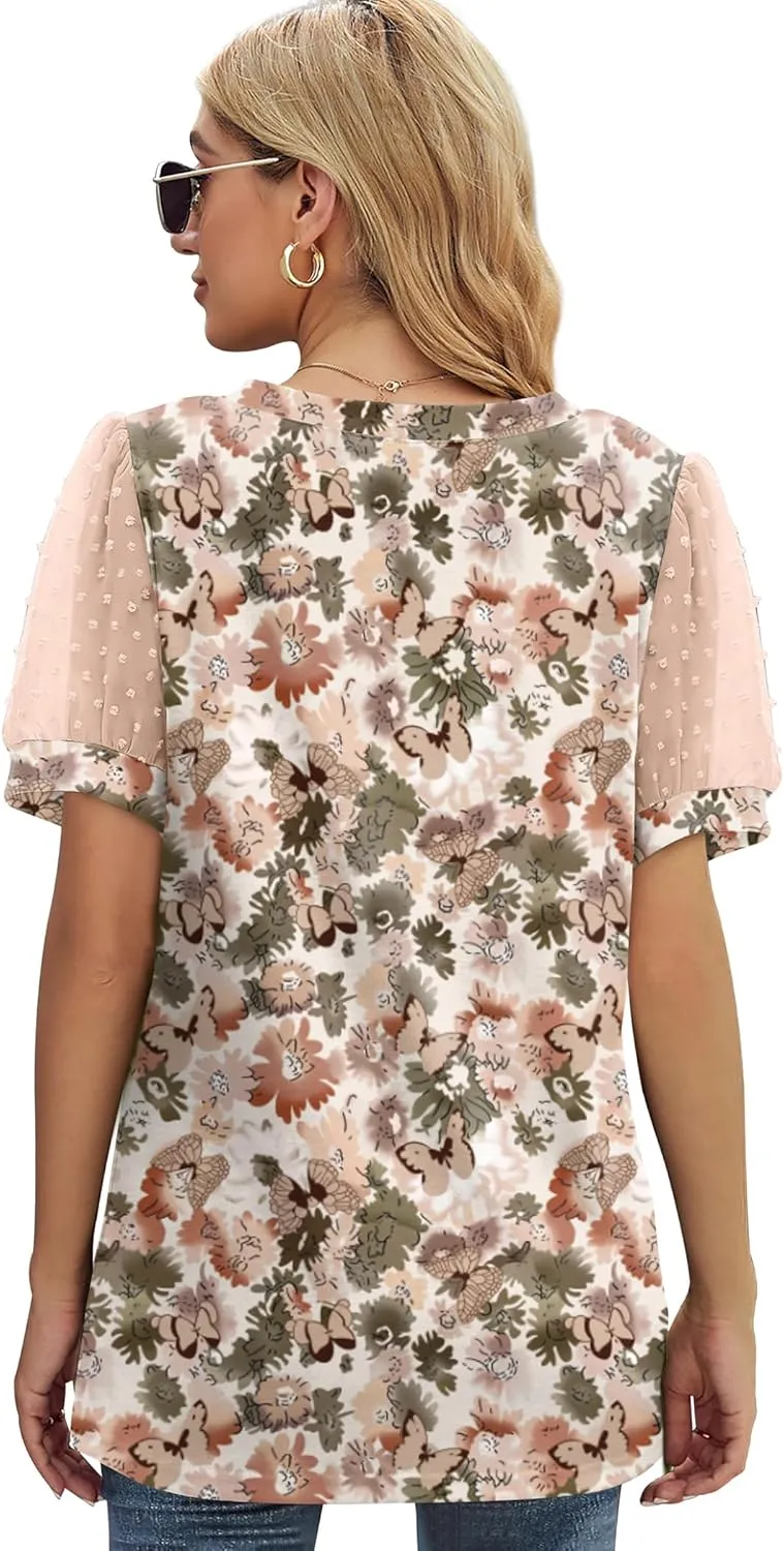 Aokosor Womens Summer Tops V Neck T Shirts Swiss Dot Puff Sleeve Tops Loose Casual Tshirts