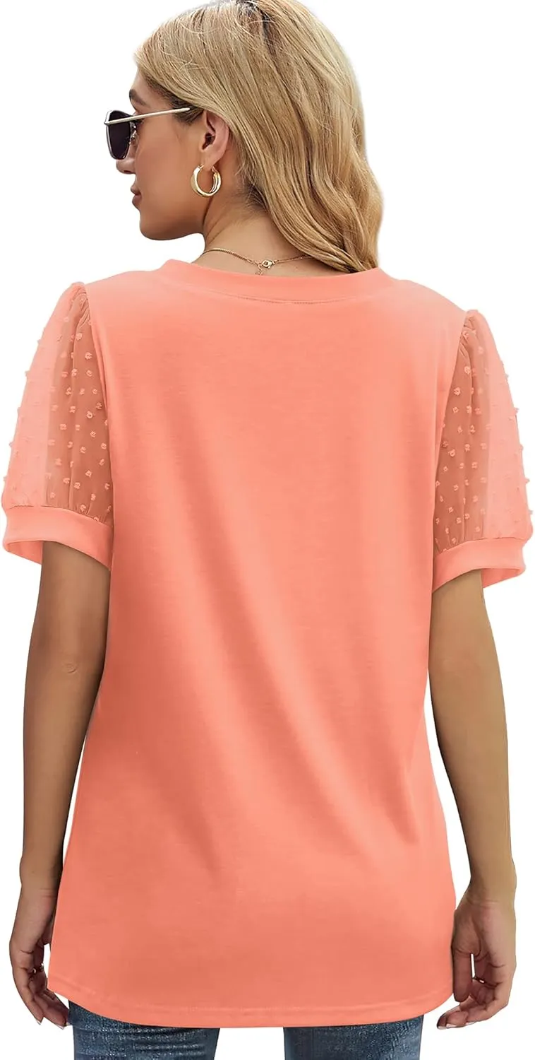 Aokosor Womens Summer Tops V Neck T Shirts Swiss Dot Puff Sleeve Tops Loose Casual Tshirts