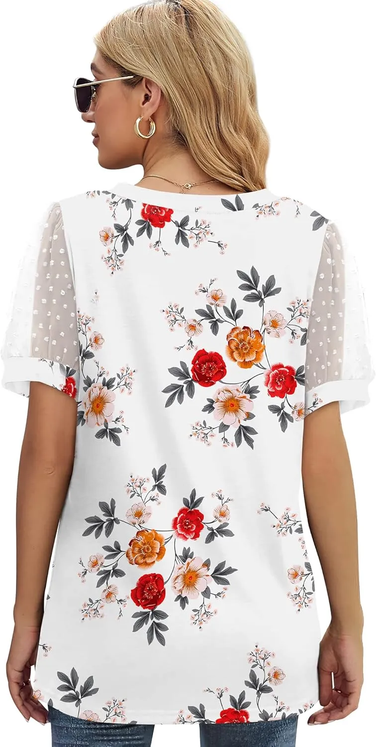 Aokosor Womens Summer Tops V Neck T Shirts Swiss Dot Puff Sleeve Tops Loose Casual Tshirts