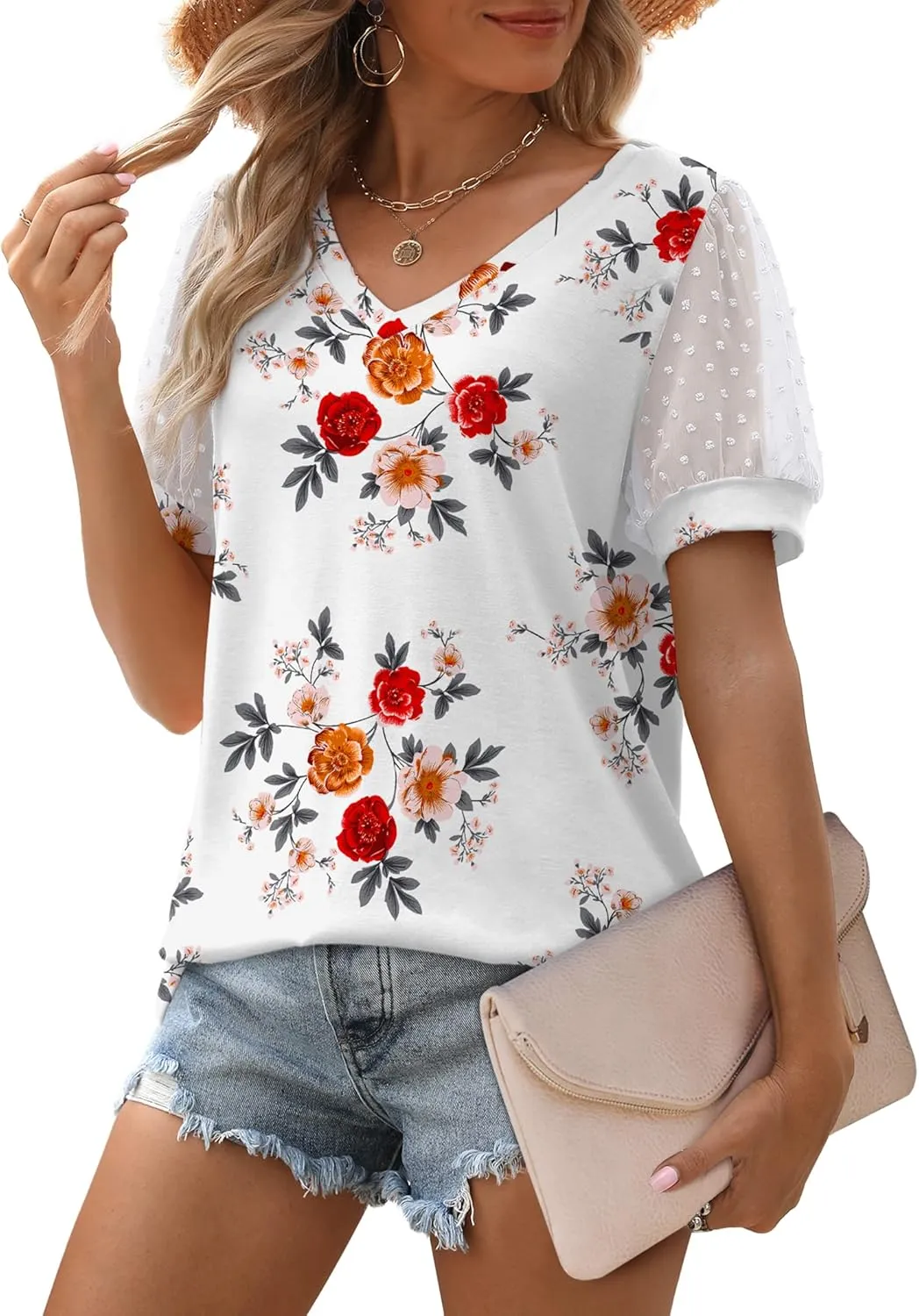 Aokosor Womens Summer Tops V Neck T Shirts Swiss Dot Puff Sleeve Tops Loose Casual Tshirts