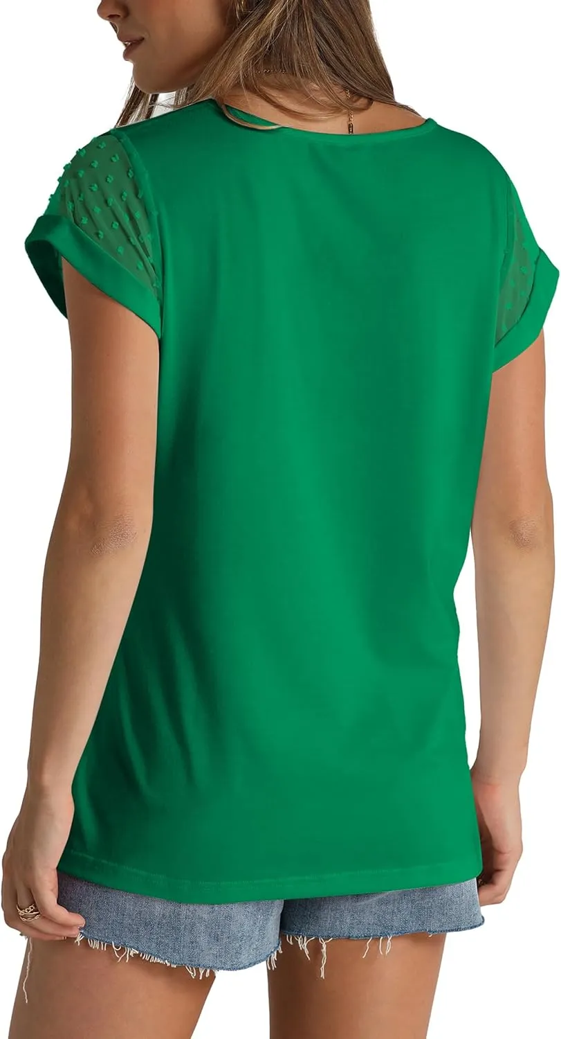 Aokosor Womens Tops Summer V Neck T Shirts Swiss Dot Cap Sleeve Tops Loose Casual Blouses