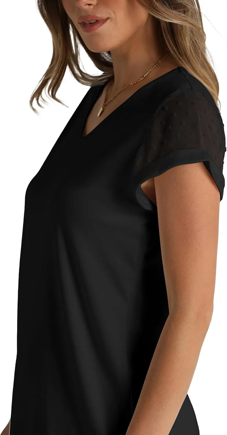 Aokosor Womens Tops Summer V Neck T Shirts Swiss Dot Cap Sleeve Tops Loose Casual Blouses