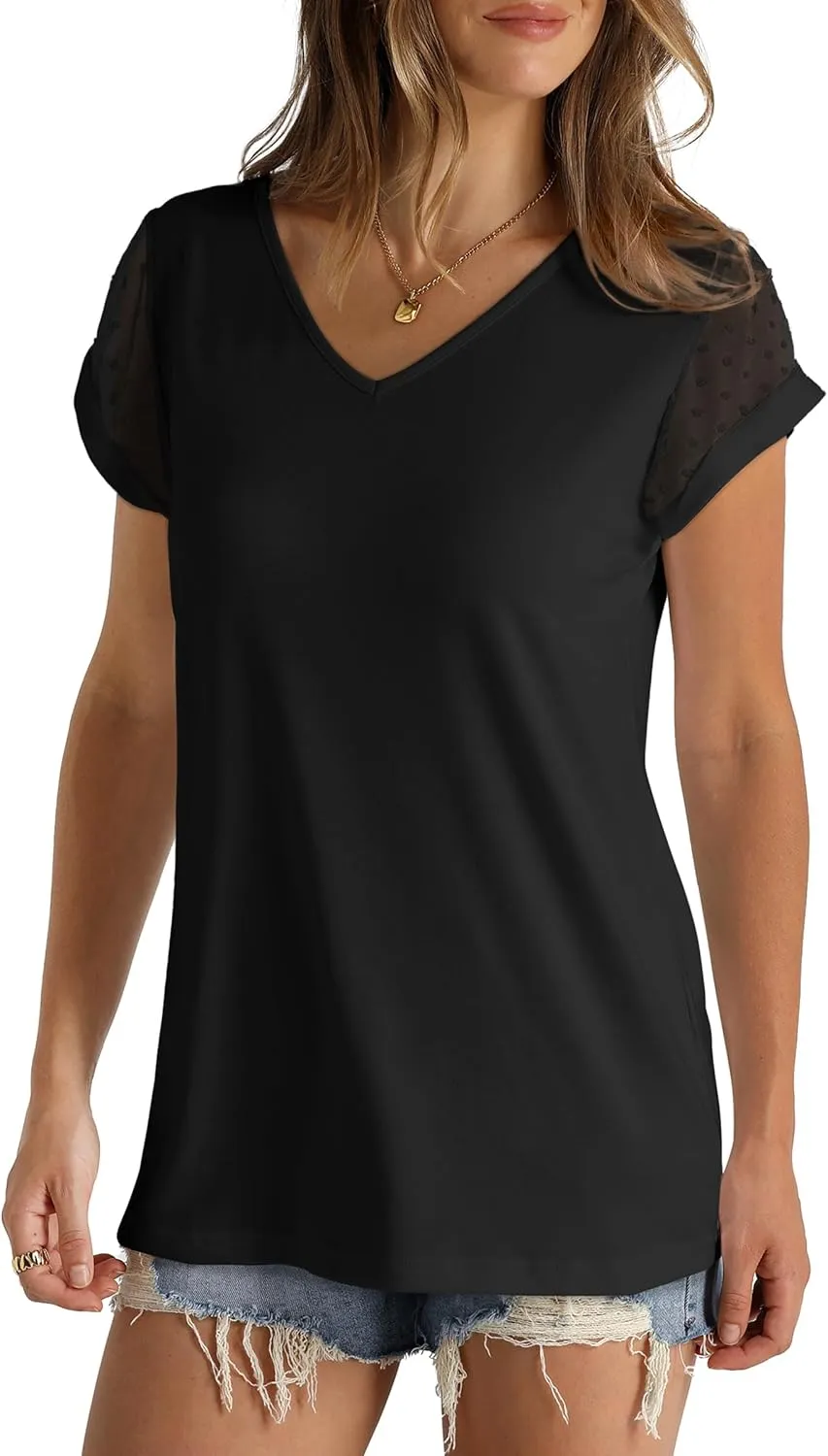 Aokosor Womens Tops Summer V Neck T Shirts Swiss Dot Cap Sleeve Tops Loose Casual Blouses