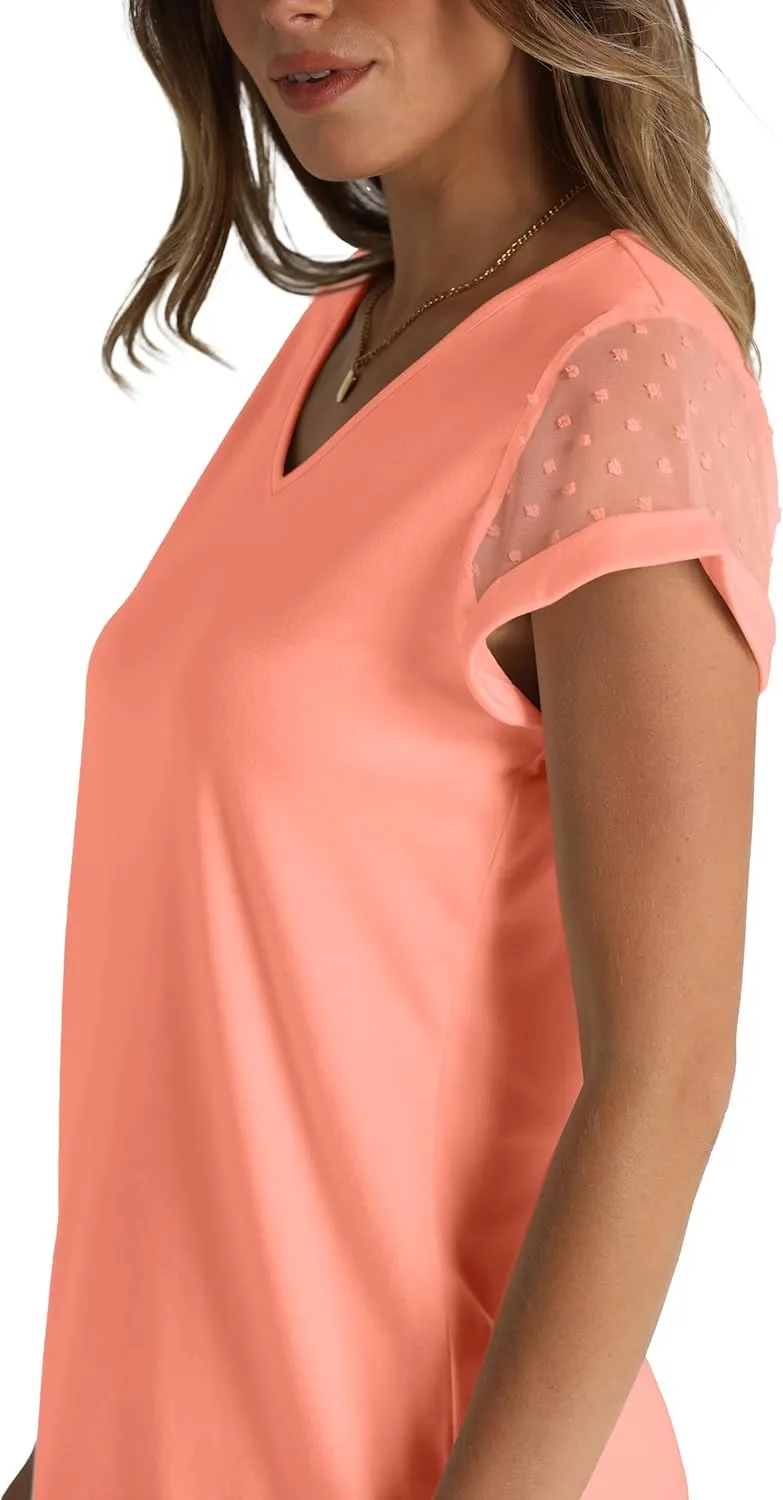 Aokosor Womens Tops Summer V Neck T Shirts Swiss Dot Cap Sleeve Tops Loose Casual Blouses