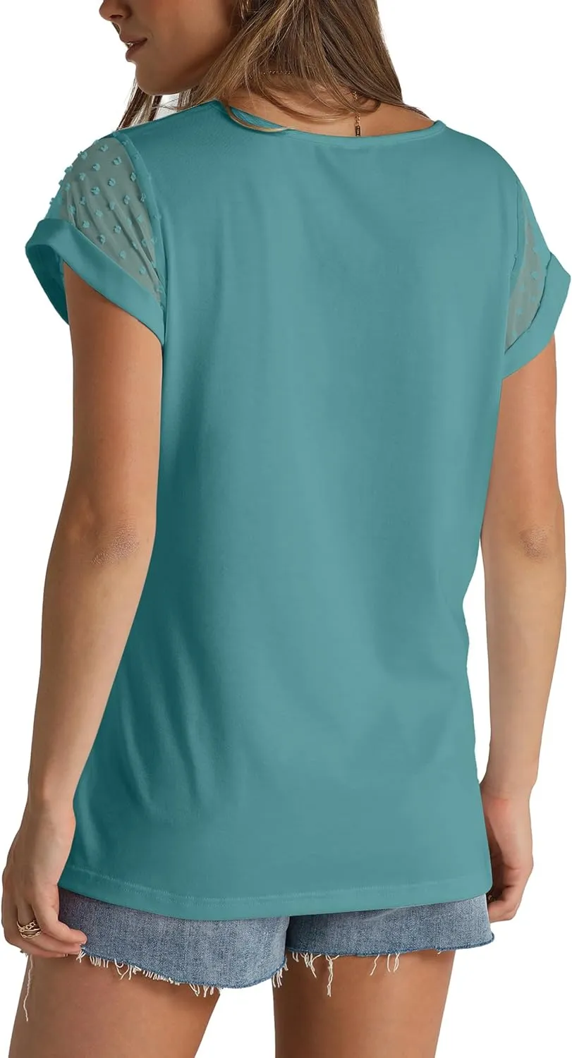 Aokosor Womens Tops Summer V Neck T Shirts Swiss Dot Cap Sleeve Tops Loose Casual Blouses