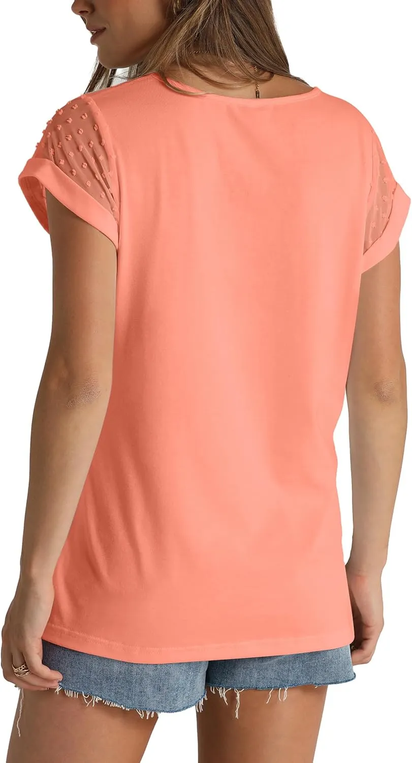 Aokosor Womens Tops Summer V Neck T Shirts Swiss Dot Cap Sleeve Tops Loose Casual Blouses