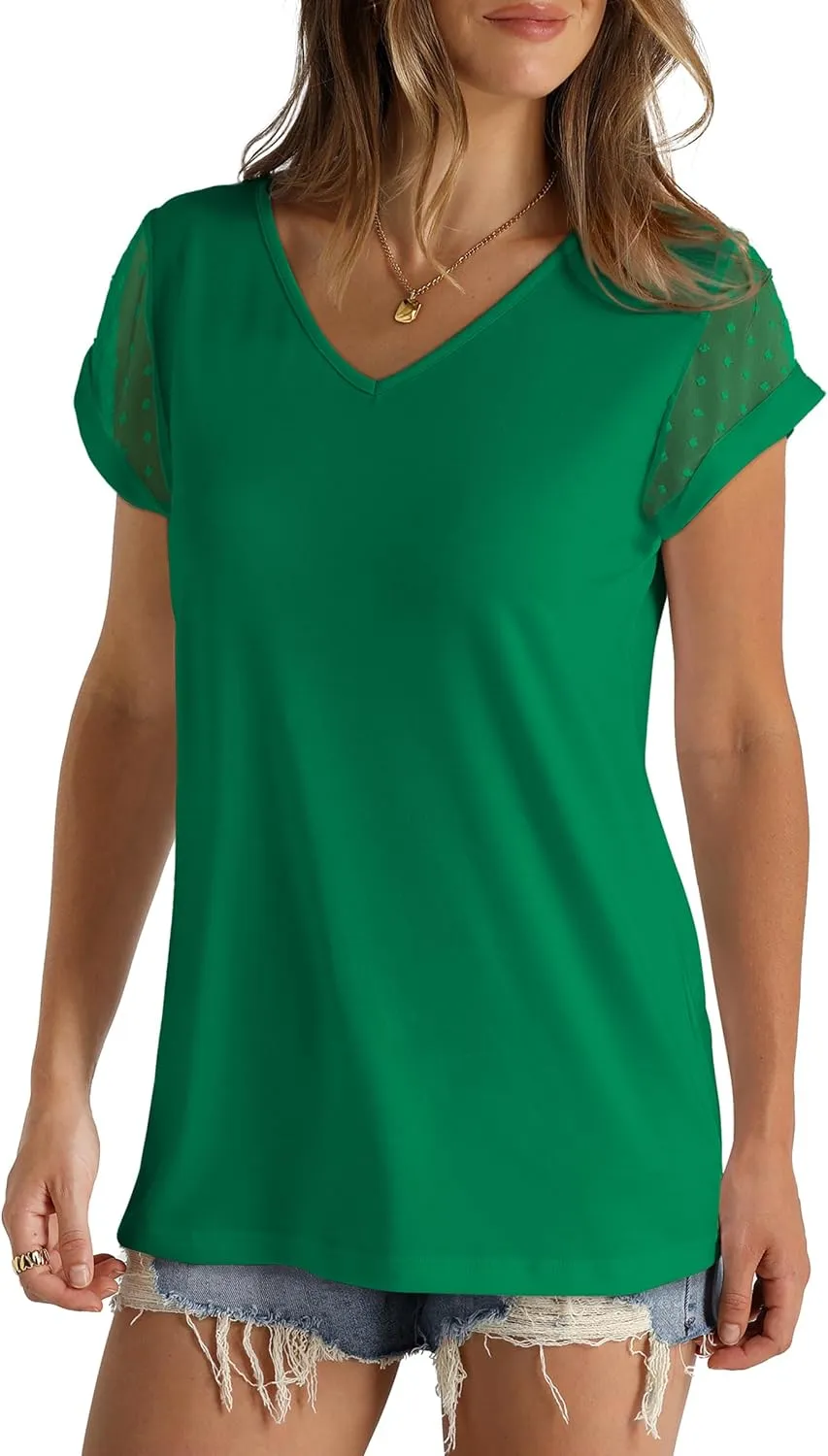 Aokosor Womens Tops Summer V Neck T Shirts Swiss Dot Cap Sleeve Tops Loose Casual Blouses