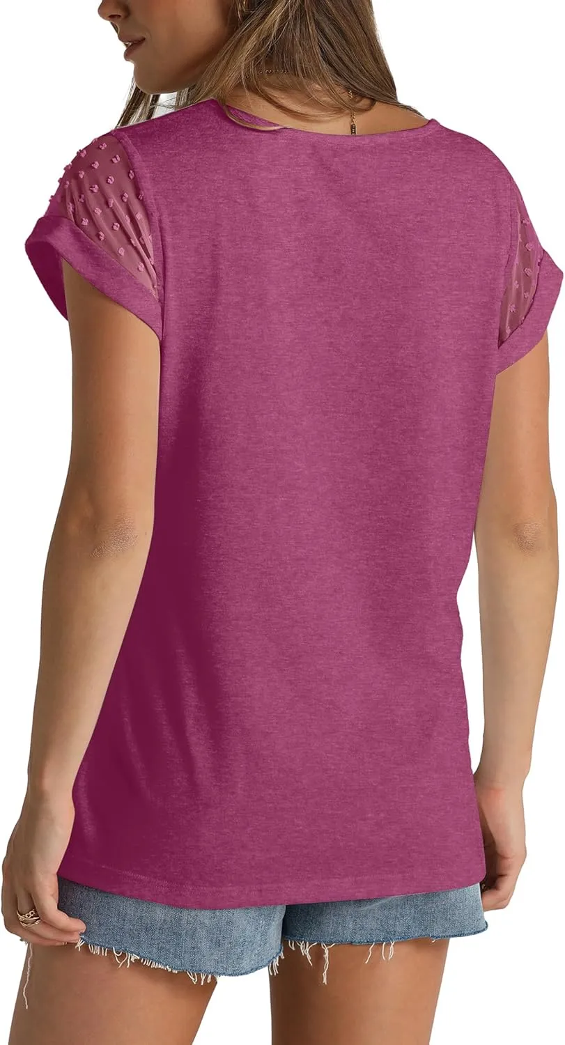 Aokosor Womens Tops Summer V Neck T Shirts Swiss Dot Cap Sleeve Tops Loose Casual Blouses