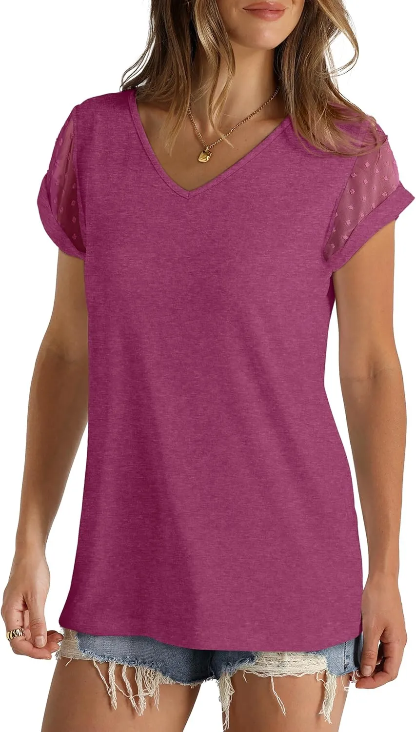 Aokosor Womens Tops Summer V Neck T Shirts Swiss Dot Cap Sleeve Tops Loose Casual Blouses