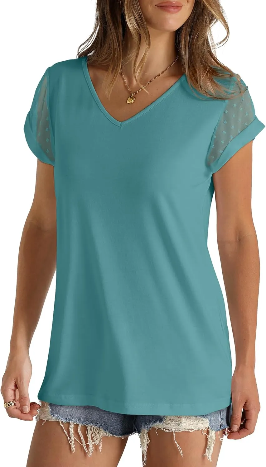 Aokosor Womens Tops Summer V Neck T Shirts Swiss Dot Cap Sleeve Tops Loose Casual Blouses
