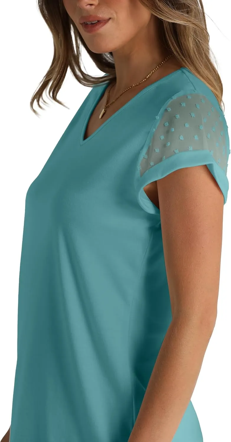 Aokosor Womens Tops Summer V Neck T Shirts Swiss Dot Cap Sleeve Tops Loose Casual Blouses