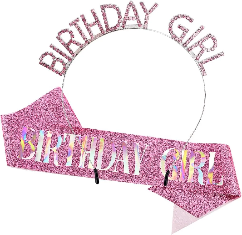 AOPRIE Pink Birthday Sash for Women Girls Happy Birthday Crown Tiara for Women Headband Princess Crown Accessories Decorations