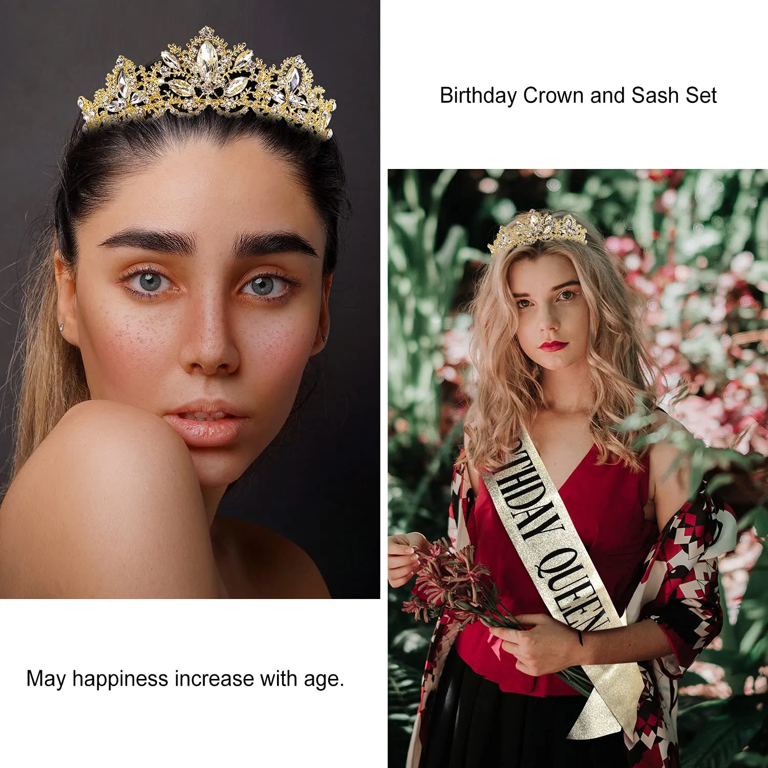 Aprince Birthday Crown for Women - Gold Tiara and Queen Sash for Girls, Wedding, Prom, Party, Halloween