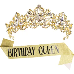 Aprince Birthday Crown for Women - Gold Tiara and Queen Sash for Girls, Wedding, Prom, Party, Halloween