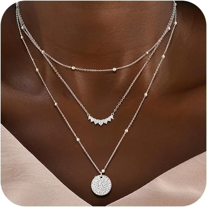 ASCOMY Gold Necklace for Women 14K Gold/Silver Plated Layered Necklaces Stackable Layering Cross Necklace Stacked Coin Pendant Pearl Herringbone Chain Stacking Gold Choker Trendy Jewelry Gift for Her