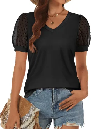 ATHMILE Womens Summer Tops V Neck T Shirts Swiss Dot Puff Sleeve Tops Loose Casual Tshirts