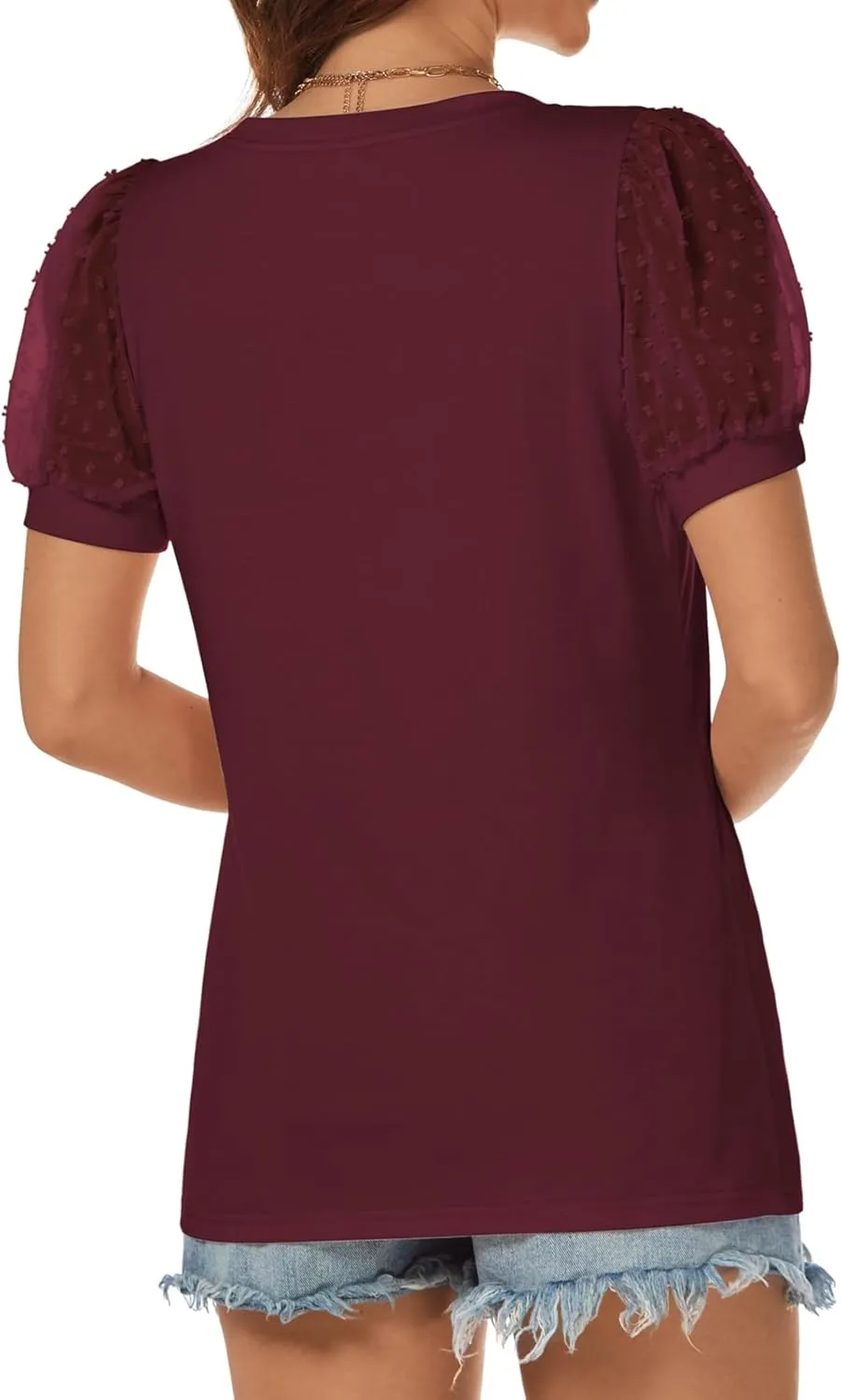 ATHMILE Womens Summer Tops V Neck T Shirts Swiss Dot Puff Sleeve Tops Loose Casual Tshirts