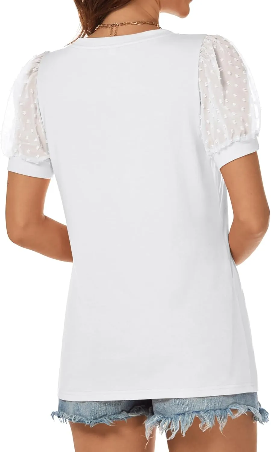 ATHMILE Womens Summer Tops V Neck T Shirts Swiss Dot Puff Sleeve Tops Loose Casual Tshirts