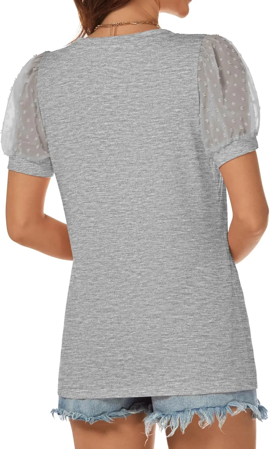 ATHMILE Womens Summer Tops V Neck T Shirts Swiss Dot Puff Sleeve Tops Loose Casual Tshirts