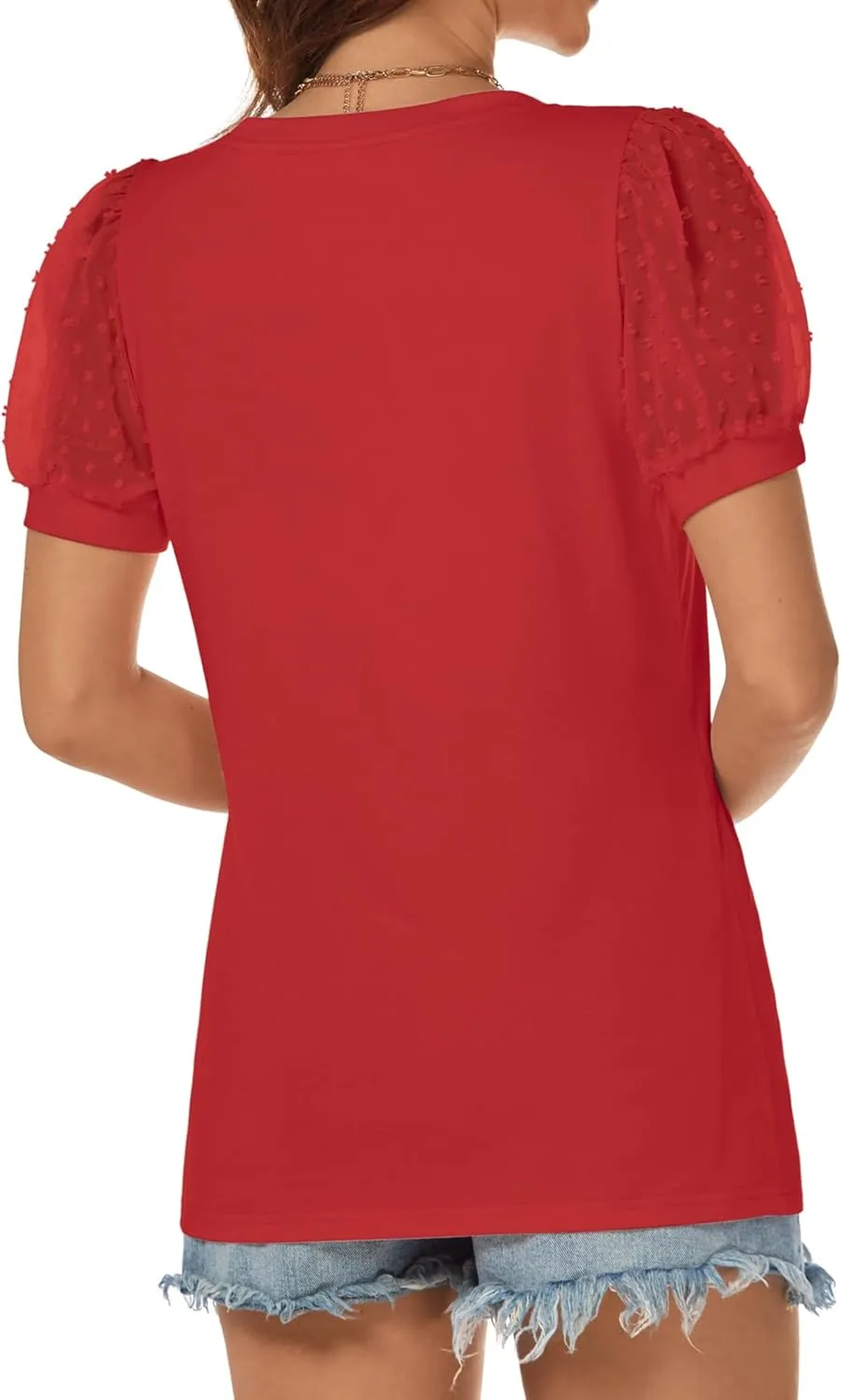 ATHMILE Womens Summer Tops V Neck T Shirts Swiss Dot Puff Sleeve Tops Loose Casual Tshirts