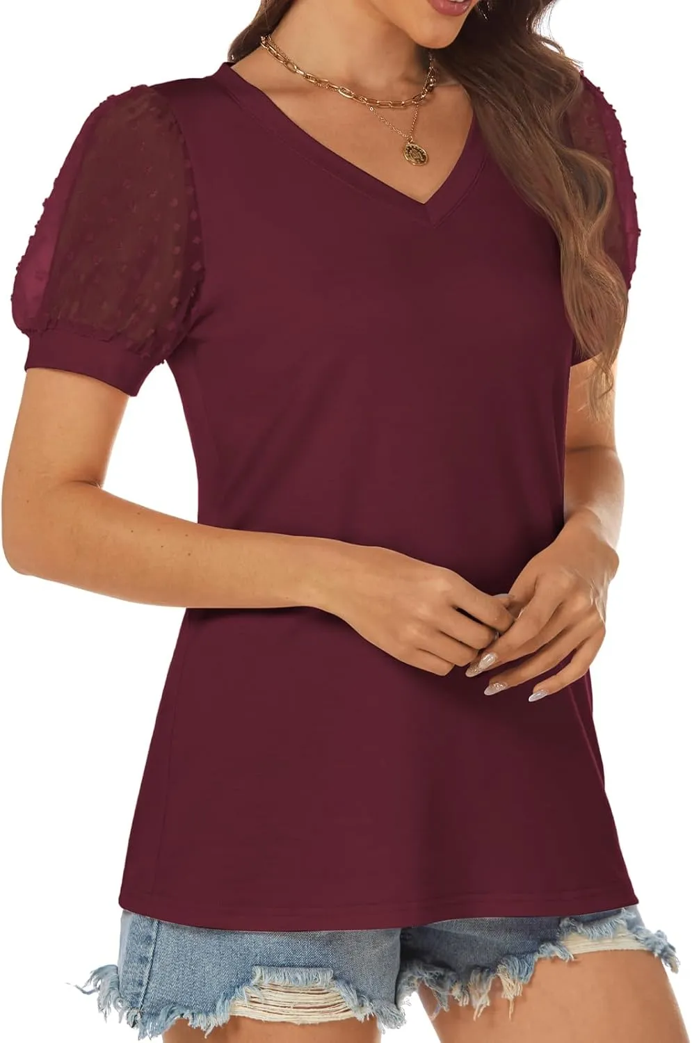 ATHMILE Womens Summer Tops V Neck T Shirts Swiss Dot Puff Sleeve Tops Loose Casual Tshirts
