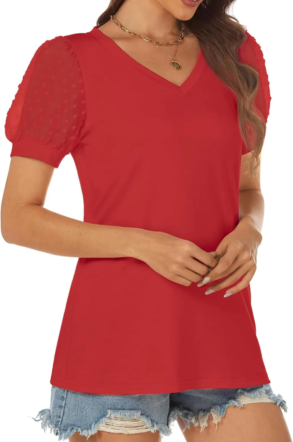 ATHMILE Womens Summer Tops V Neck T Shirts Swiss Dot Puff Sleeve Tops Loose Casual Tshirts