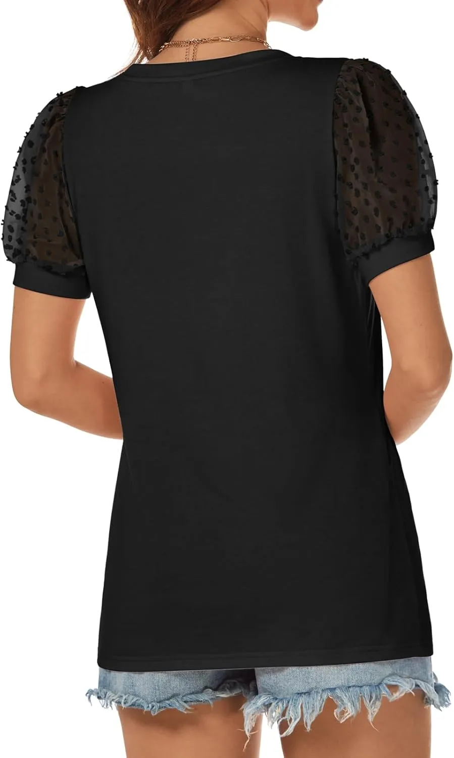 ATHMILE Womens Summer Tops V Neck T Shirts Swiss Dot Puff Sleeve Tops Loose Casual Tshirts