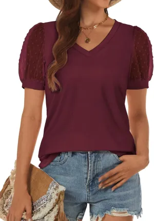 ATHMILE Womens Summer Tops V Neck T Shirts Swiss Dot Puff Sleeve Tops Loose Casual Tshirts