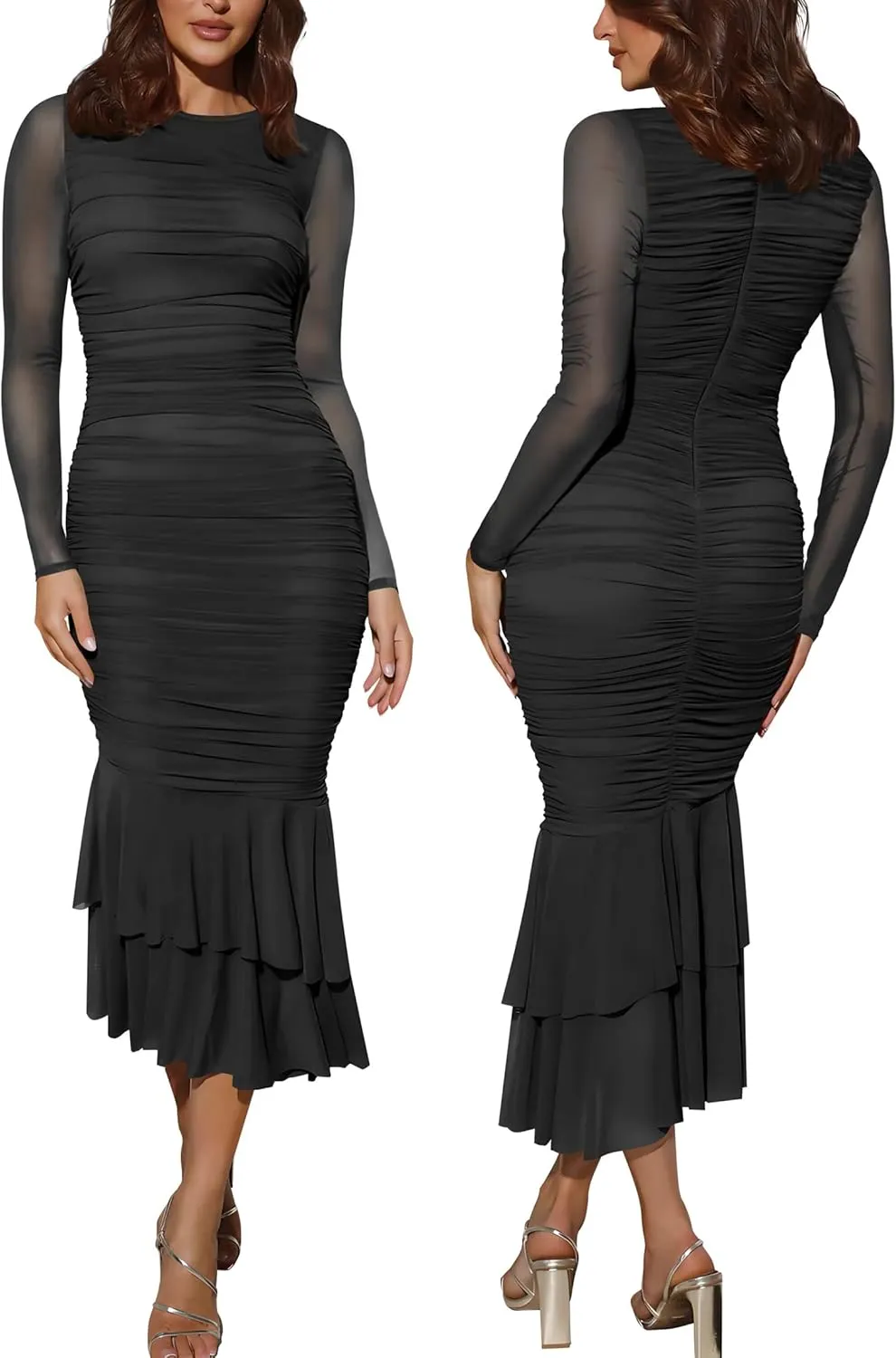 Atizon Elegant Ruched Bodycon Evening Dresses for Women Cocktail Party Formal Maxi Mermaid Dress