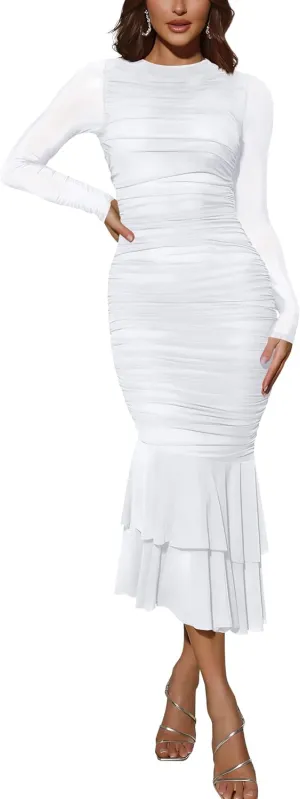 Atizon Elegant Ruched Bodycon Evening Dresses for Women Cocktail Party Formal Maxi Mermaid Dress