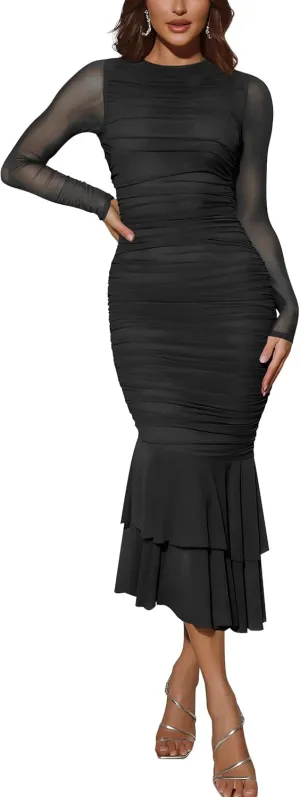 Atizon Elegant Ruched Bodycon Evening Dresses for Women Cocktail Party Formal Maxi Mermaid Dress