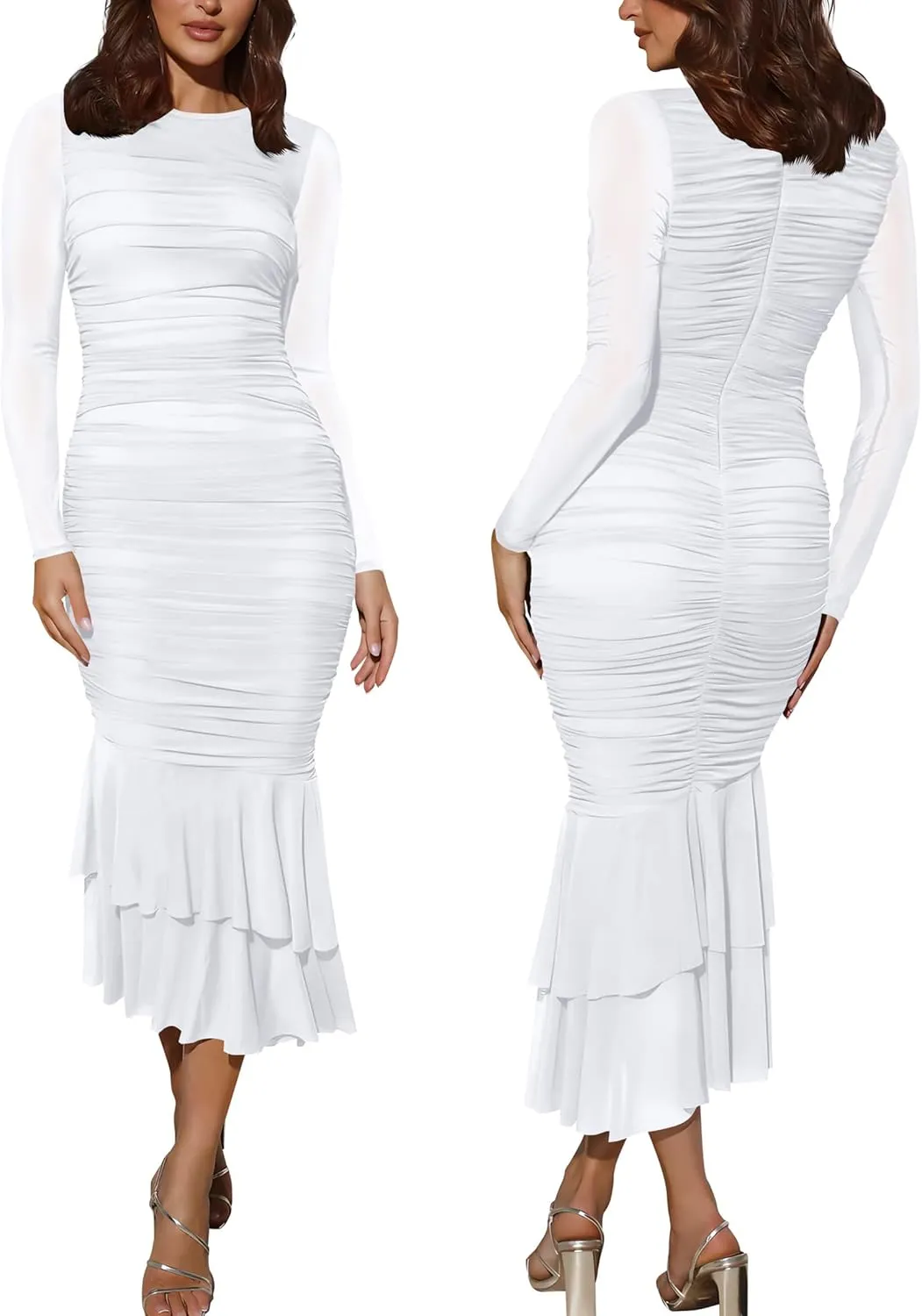 Atizon Elegant Ruched Bodycon Evening Dresses for Women Cocktail Party Formal Maxi Mermaid Dress