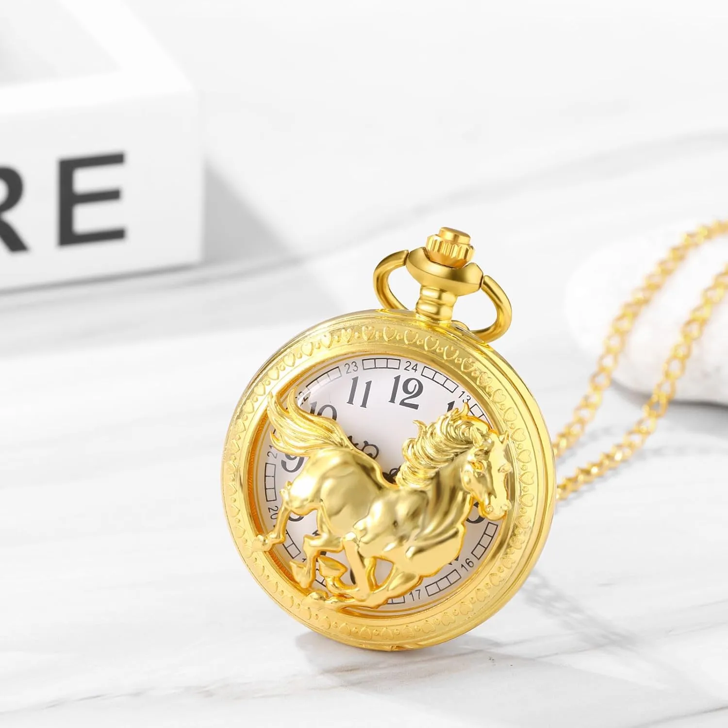 Avaner Hollow Horse Pocket Watches: Gold Silver Analog Quartz Necklace Watches Pendant with Chain for Men and Women
