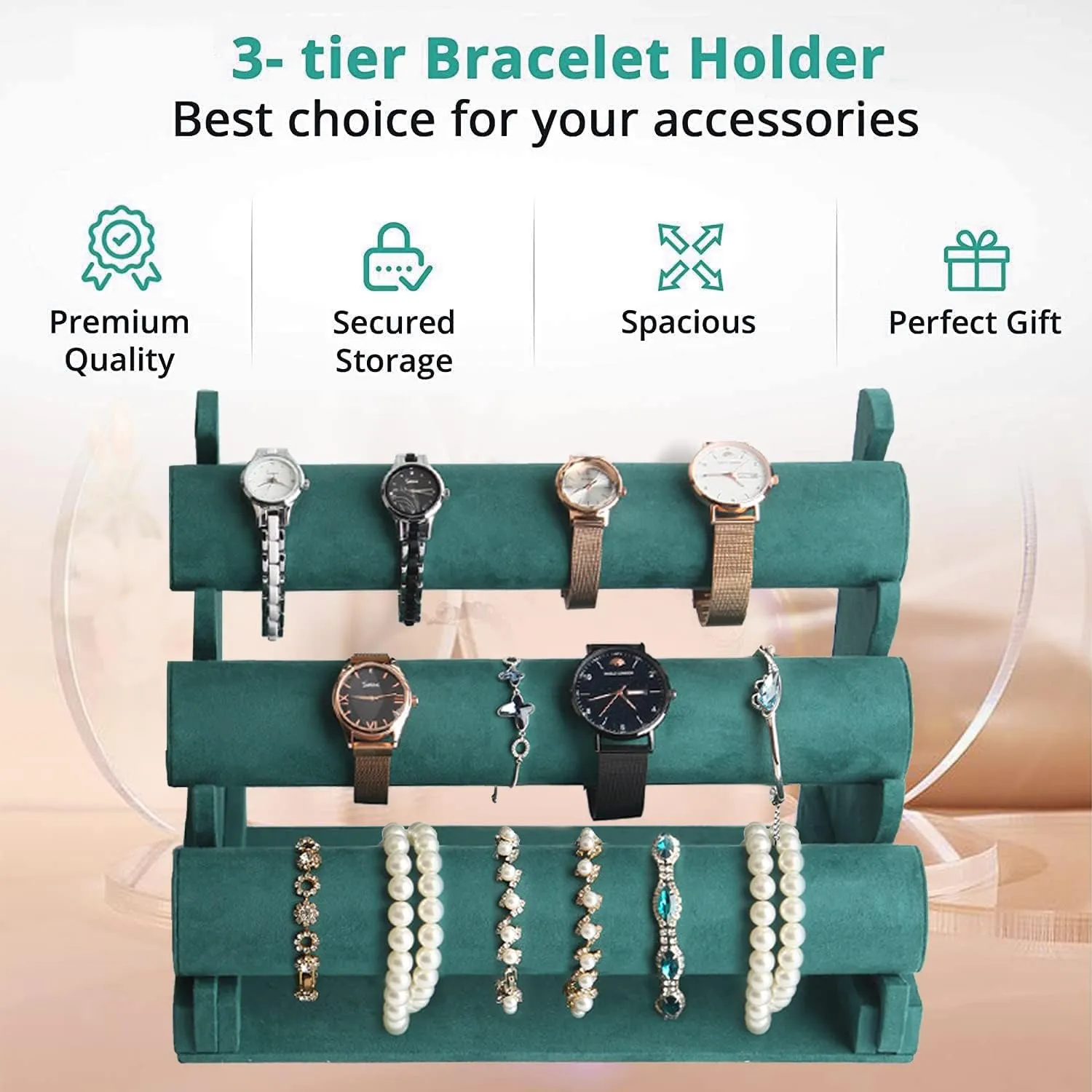 Barelove Velvet Bracelet Holder with 3 Tier Rack, Green T-Bar Storage Organizer Detachable Display Stand for Necklace Watch Bangles Bracelets Scrunchies Organization Showcase
