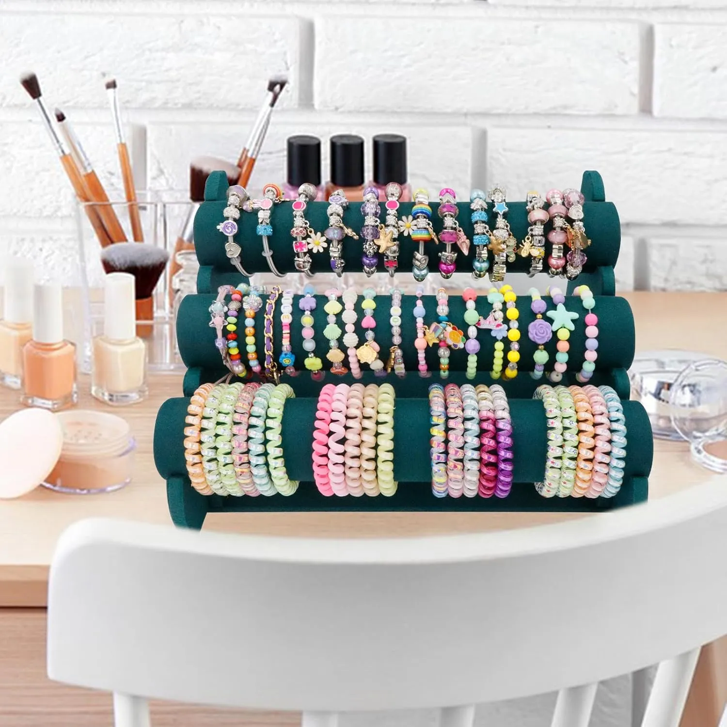 Barelove Velvet Bracelet Holder with 3 Tier Rack, Green T-Bar Storage Organizer Detachable Display Stand for Necklace Watch Bangles Bracelets Scrunchies Organization Showcase