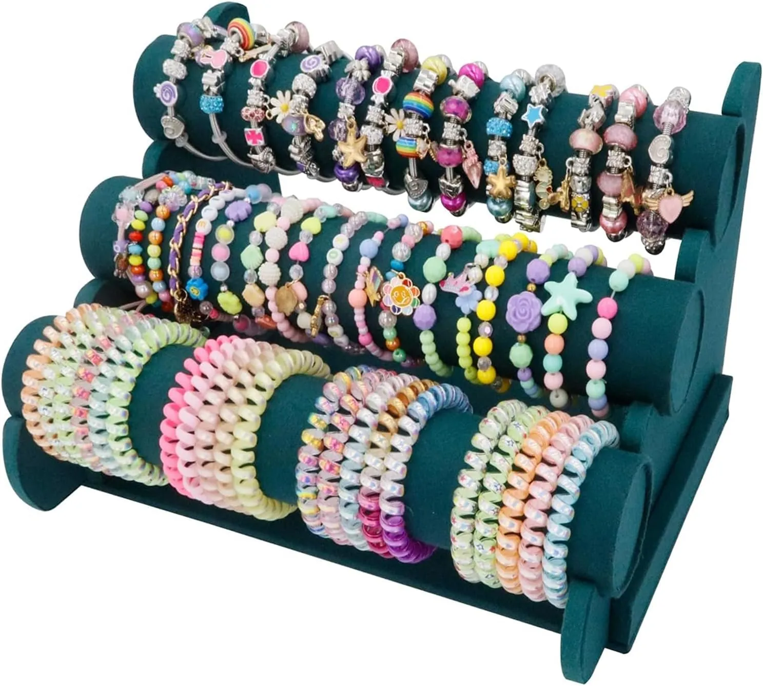 Barelove Velvet Bracelet Holder with 3 Tier Rack, Green T-Bar Storage Organizer Detachable Display Stand for Necklace Watch Bangles Bracelets Scrunchies Organization Showcase