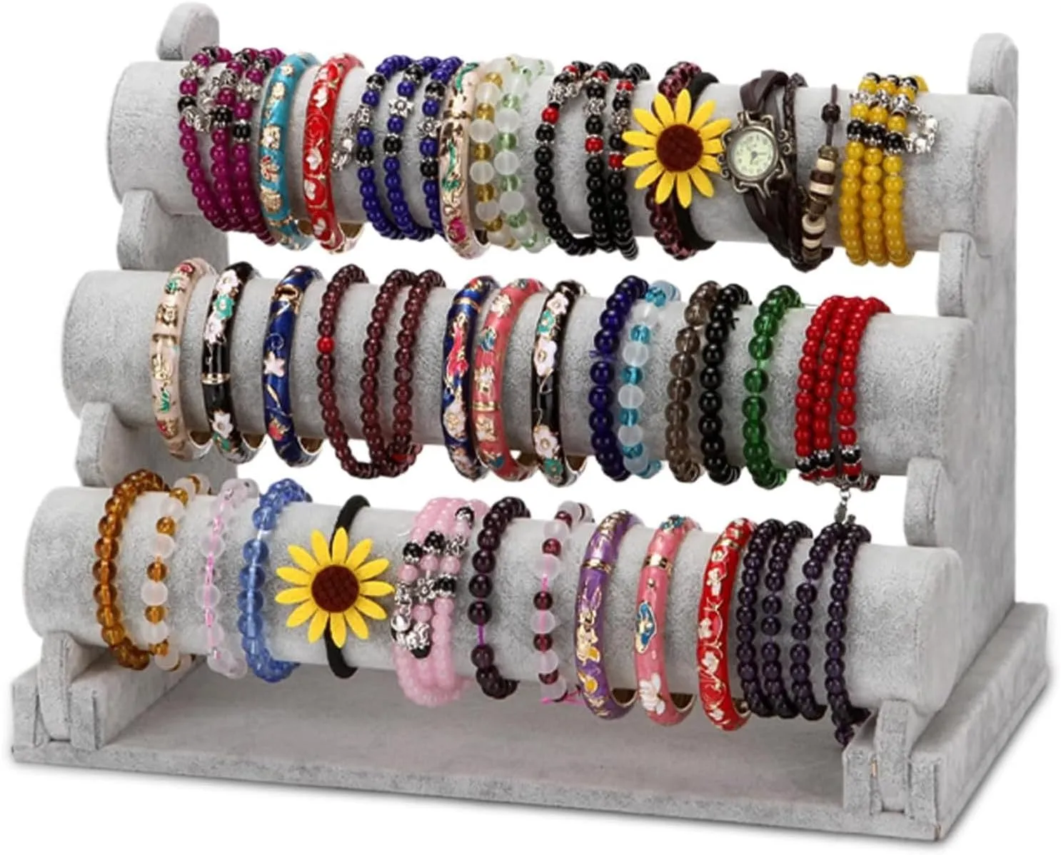 Barelove Velvet Bracelet Holder with 3 Tier Rack, Grey T-Bar Storage Organizer Detachable Display Stand for Necklace Watch Bangles Bracelets Scrunchies Organization Showcase