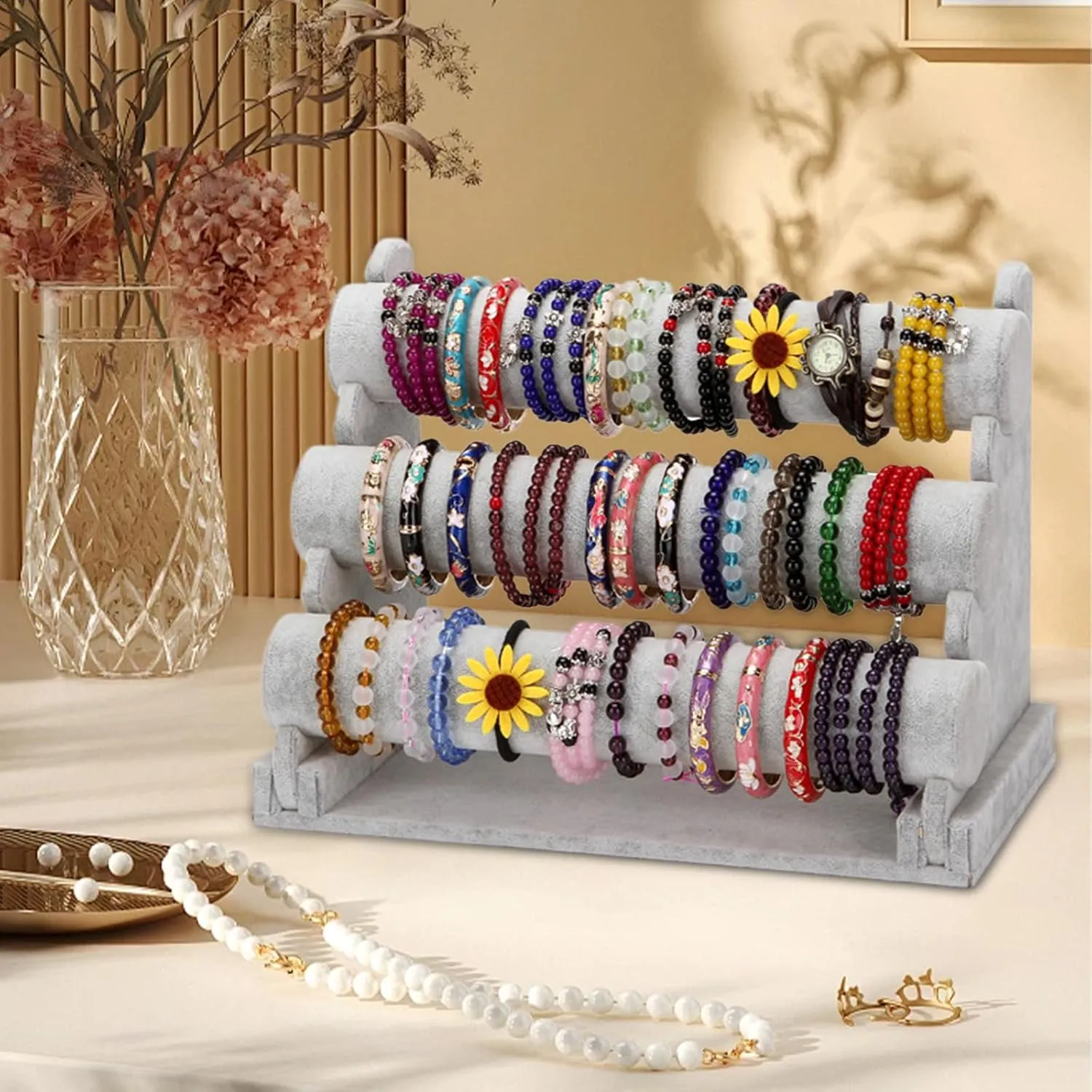 Barelove Velvet Bracelet Holder with 3 Tier Rack, Grey T-Bar Storage Organizer Detachable Display Stand for Necklace Watch Bangles Bracelets Scrunchies Organization Showcase