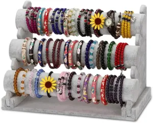 Barelove Velvet Bracelet Holder with 3 Tier Rack, Grey T-Bar Storage Organizer Detachable Display Stand for Necklace Watch Bangles Bracelets Scrunchies Organization Showcase