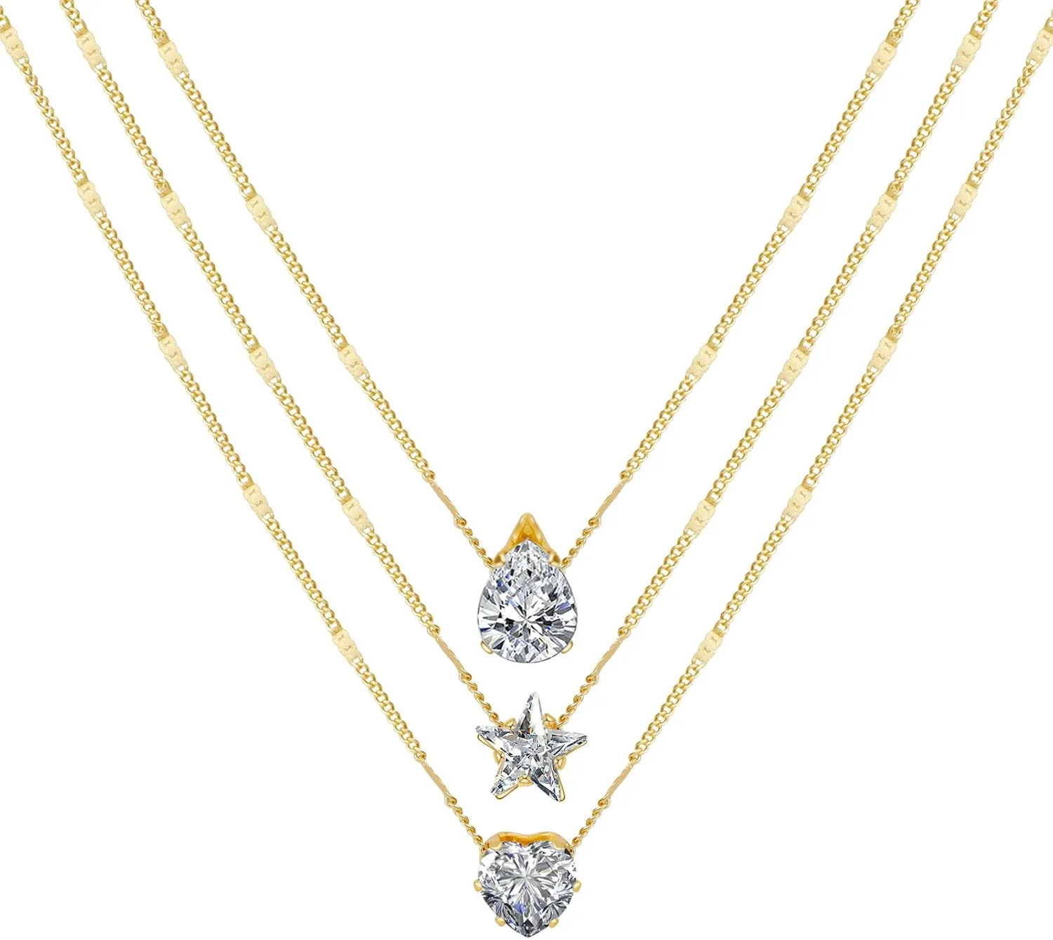 BERISO Dainty Gold Layered Necklaces for Women 14K Gold Plated Star Zircon Choker Necklace Love Zircon Pendant Layering Necklace Set for Women