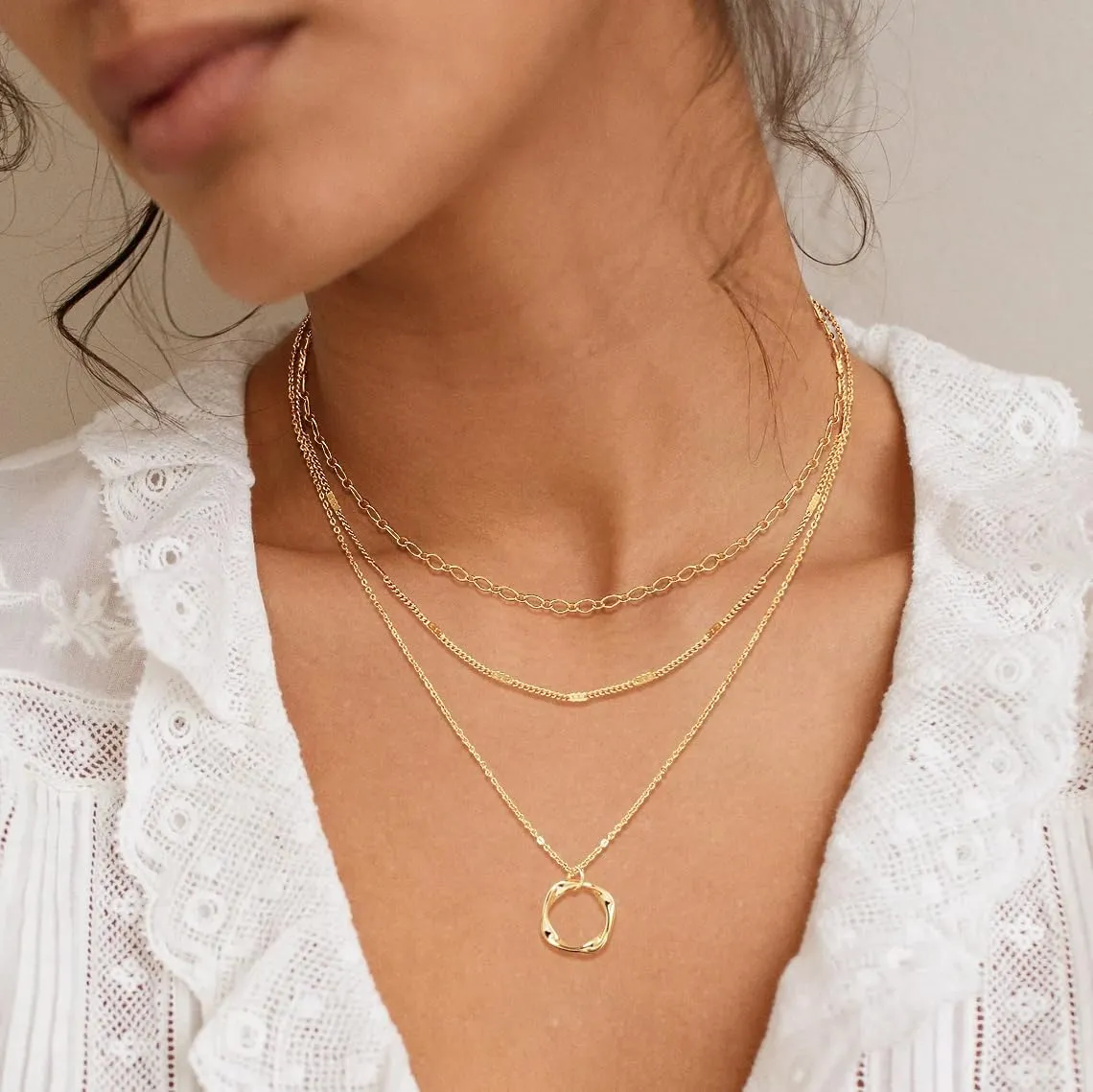 BERISO Layered Gold Necklace for Women Dainty Choker Necklace 14K Gold Plated Pendant Necklaces Set