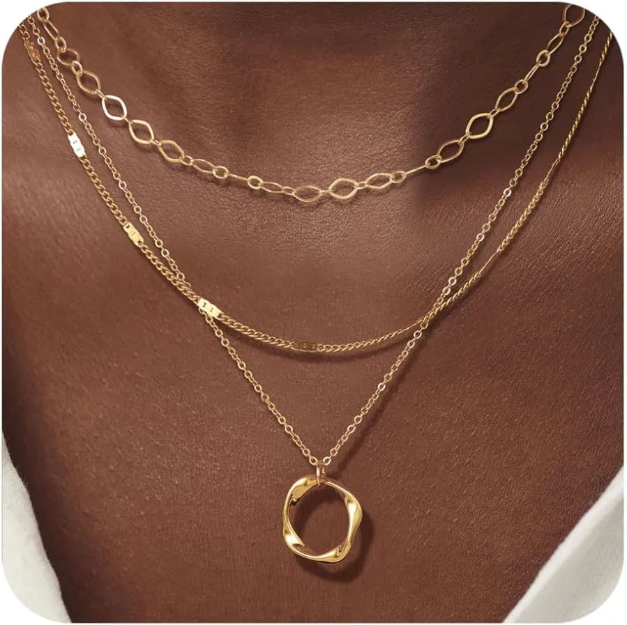 BERISO Layered Gold Necklace for Women Dainty Choker Necklace 14K Gold Plated Pendant Necklaces Set