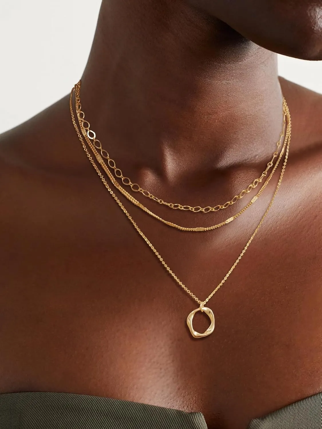 BERISO Layered Gold Necklace for Women Dainty Choker Necklace 14K Gold Plated Pendant Necklaces Set